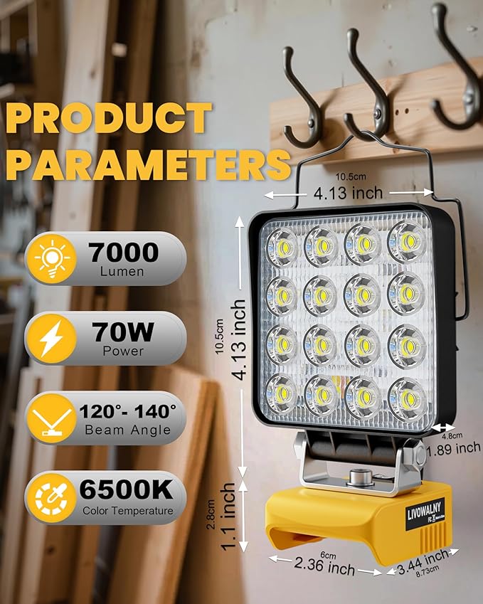LIVOWALNY 2PCS LED Work Light Compatible with Dewalt 20V Max Battery, 70W 7000LM Battery Light 20V Cordless Tools, Portable Flood Flashlight with USB A & USB C Output Port, Low Voltage Protection