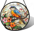 Stained Glass Window Hanging, Blue Bird Pink Flower Suncatcher Diamond Glass Panel Bird Sun Catchers Decor for Birthday for Women, Men, Wife, Aunt, and Mom 9.8 in