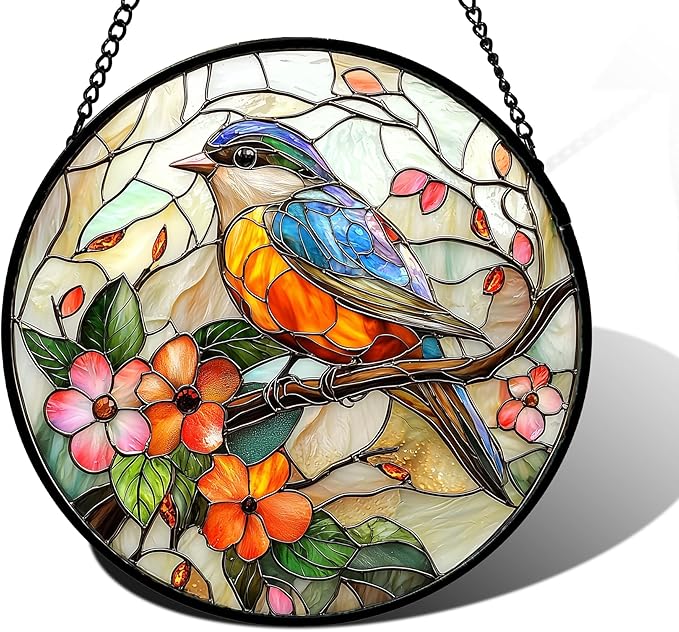 Stained Glass Window Hanging, Blue Bird Pink Flower Suncatcher Diamond Glass Panel Bird Sun Catchers Decor for Birthday for Women, Men, Wife, Aunt, and Mom 7.8 in