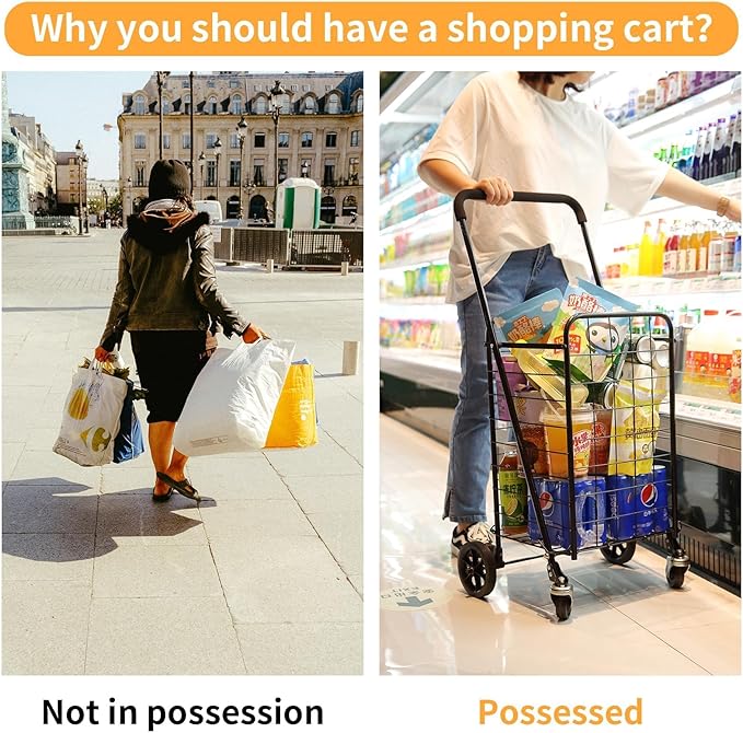 Siffler Grocery Shopping Cart with 360° Swivel Wheels Folding Utility Cart with Easily Collapsible Cart with Extended Foam Cover, Trolley for Laundry, Groceries, Travel (Black, Small)
