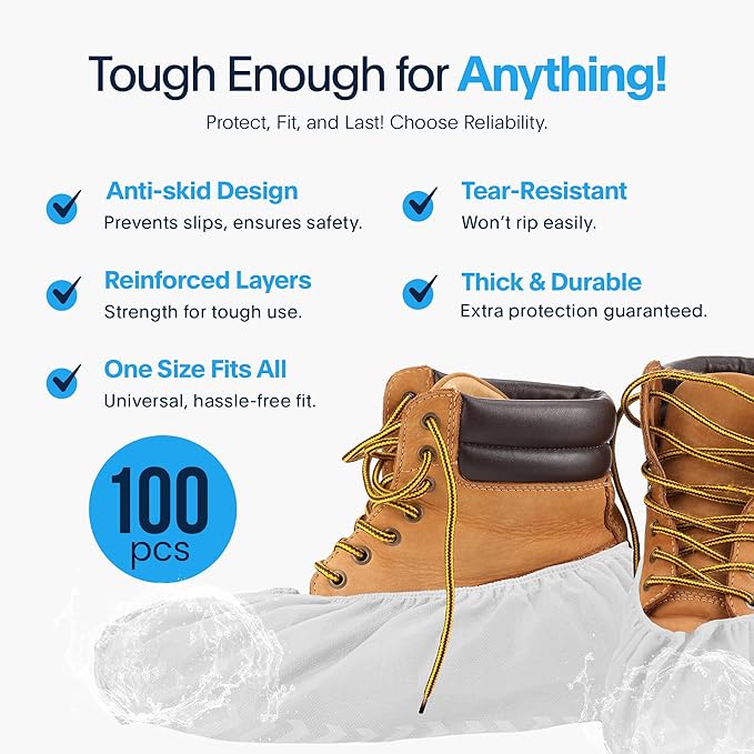Premium Boot & Shoe Covers Disposable Booties - 100 Pack - Durable, Non-Slip, Non-Toxic, Water Resistant, Recyclable Protectors for Indoor & Outdoor - Large Size Fits Most Shoes