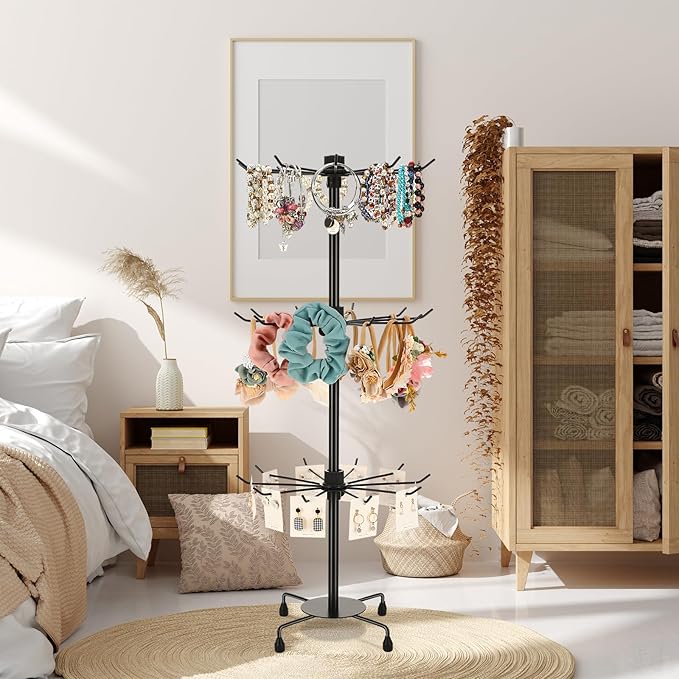 4 Pcs Spinning Jewelry Display Stand 3 Tier Rotating Keychain Earring Retail Rack Adjustable Fashion Counter Jewelry Tree Display Holder Organizer for Women Men (Black)