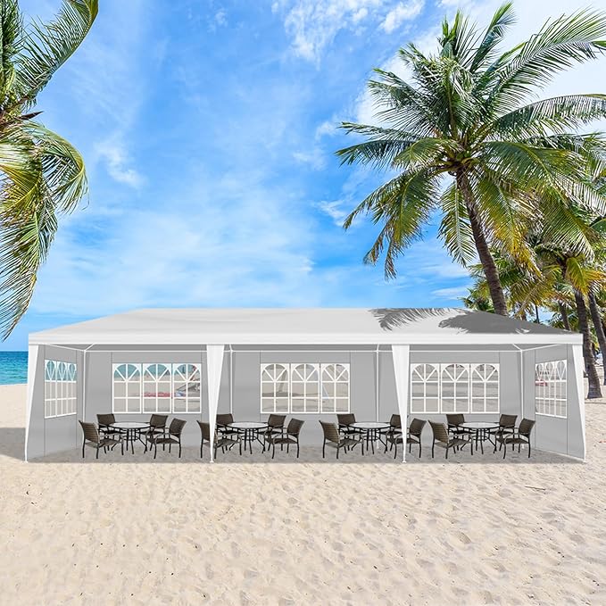 10x30 FT Party Tent, Outdoor Wedding Tents for Parties, Canopy Event Tent with 7 Removable Sidewalls, Waterproof Gazebo Shelter for Birthday Parties, Weddings, BBQs & Events (10X30FT-7Sides White)