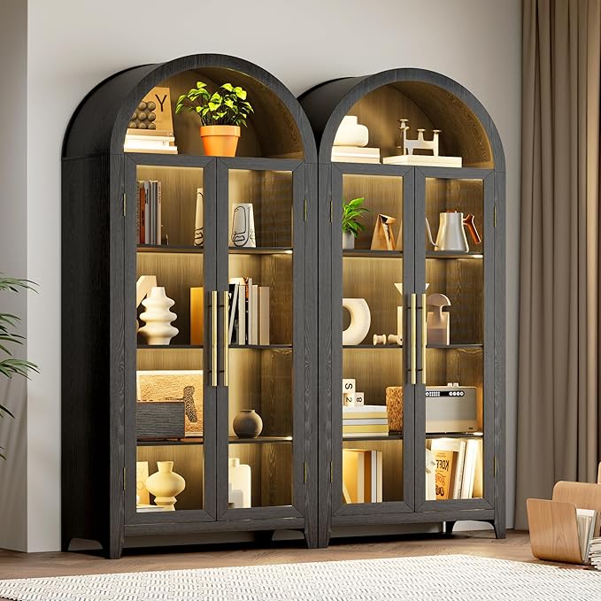 Vlsrka 71" Arched Display Cabinet with Glass Doors, Curio Cabinet with LED Light & Human Sensor, 5-Tier Display Cases for Collectibles, Storage Cabinet with Ajustable Shelf for Living Room(Black)