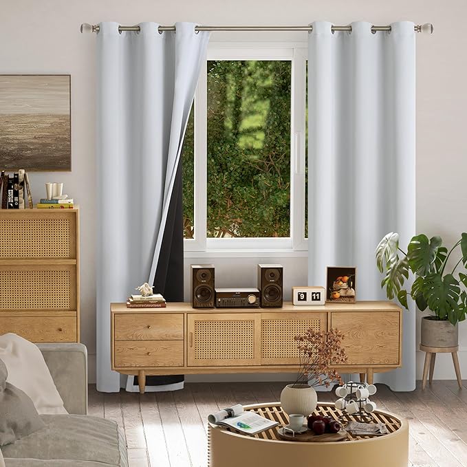 Greyish White Blackout Curtains 84 Inch Length 2 Panels for Living Room, Thermal Insulated 100% Light Blocking Soundproof Grommet Window Curtains for Bedroom with Liner, Each 42 Inch Wide