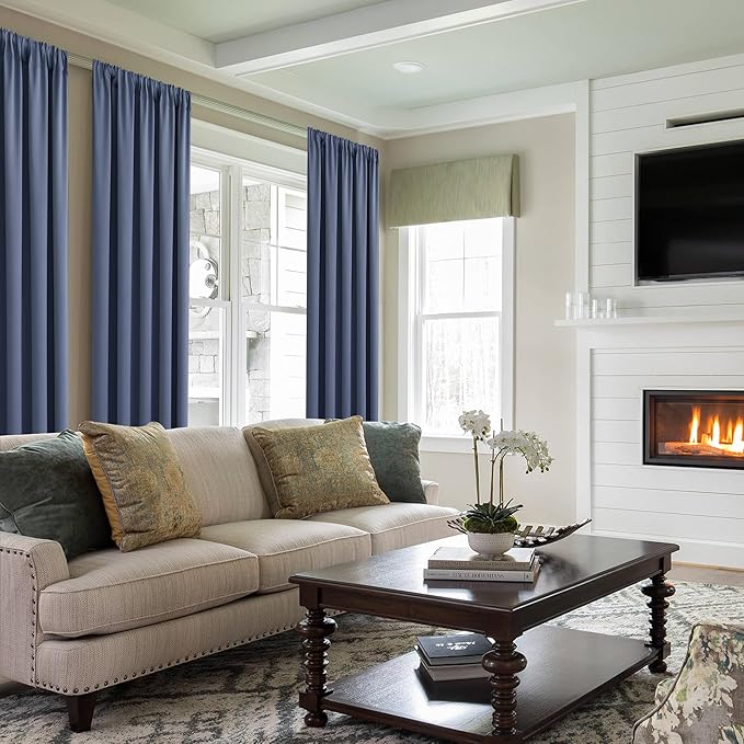 JIUZHEN Dusty Blue Blackout Curtains for Bedroom - Thermal Insulated Room Darkening Noise Reducing, 52 x 54 Inch Length Curtains for Living Room, Set of 2 Panels with Tiebacks, Dusty Blue