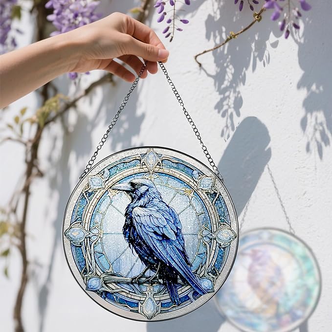 8 Inch Stained Glass Suncatcher Ornament, DOUHASU Crow Sun Catchers Indoor Window, Stained Glass Window Hanging, Home Decor, Bird Lovers Gifts for Women, Men