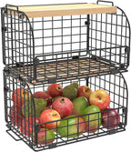 2 Set Stackable Wire Basket with Openable Top, Kitchen Counter, Pantry Organizer and Storage Produce Onion Potato Fruits Vegs Bread Food Snack Spice Organizing Bin for Cabinet Shelf Countertop Floor