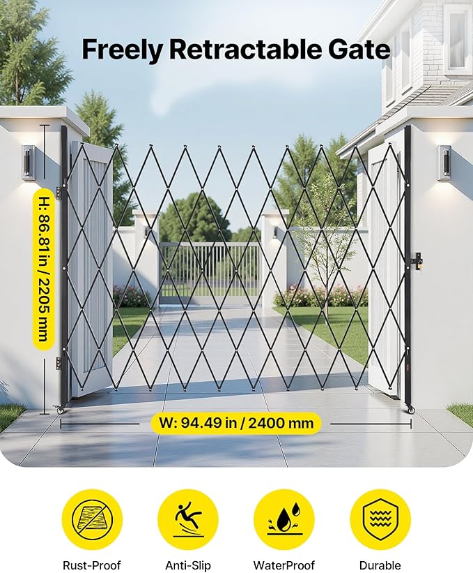 VEVOR Single Folding Security Gate, Lockable Scissor Gate with 360° Swivel Casters, Outdoor Barricade Steel Retractable Gates, for Entry Security, Garage, Warehouse & Pool, 94.49 x 86.81 in (W x H)