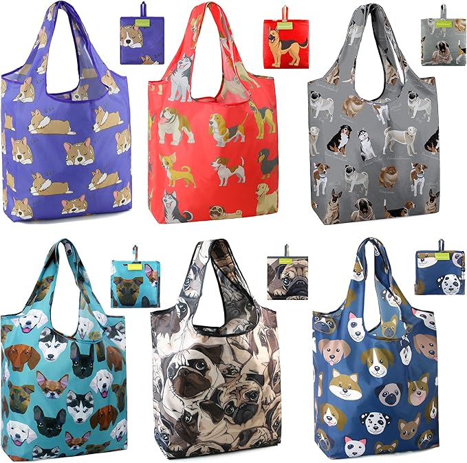 BeeGreen Cute Dog Cloth Gift Bags - Reusable Grocery Bag with Handles Foldable Washable 6 Pack - Extra Large Heavy Duty Tote Bag for Groceries (Bulk Holiday Packable Travel) - Shopping Bags for Women