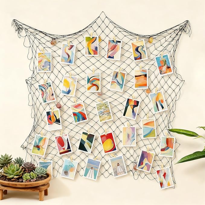 Decorative Fishing Net 80x40 Inch, Patioland 2 Pack Large Black Picture Fish Net, Wall Photo Hanging Fishnet for Nautical Mermaid Pirate Ocean Themed Hawaii Beach Under The Sea Party Decorations