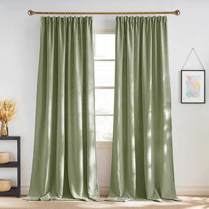 NICETOWN Linen Waffle Weave Sage Green Curtains for Bedroom, Privacy Farmhouse Drapes Light Filtering Window Treatments for Living Room, W52 x L96, 2 Panels