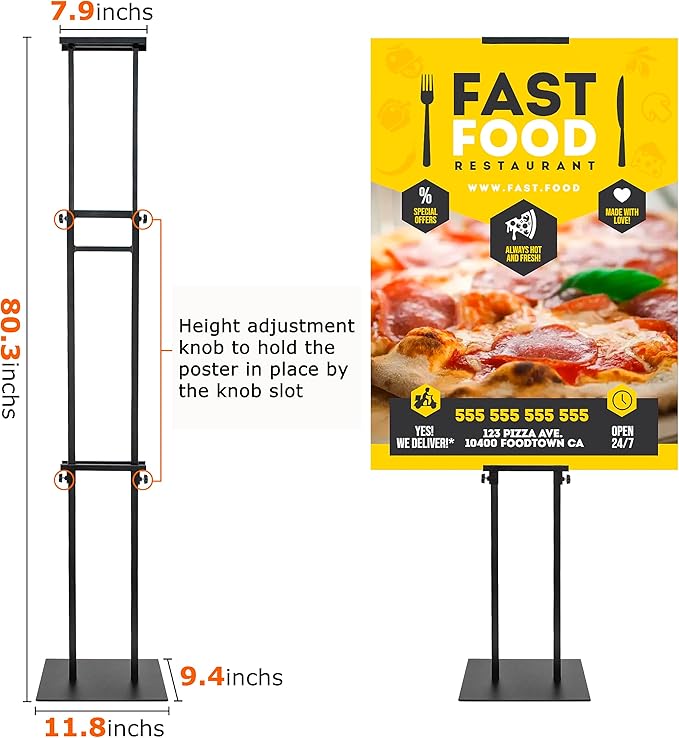 Poster Holder for Display, Adjustable Pedestal Sign Stand Up to 78 Inches, Double Sided for Board & Foam, Sign Holder Stand with Non-Slip Mat Base for Wedding, Restaurant or Business (Black)