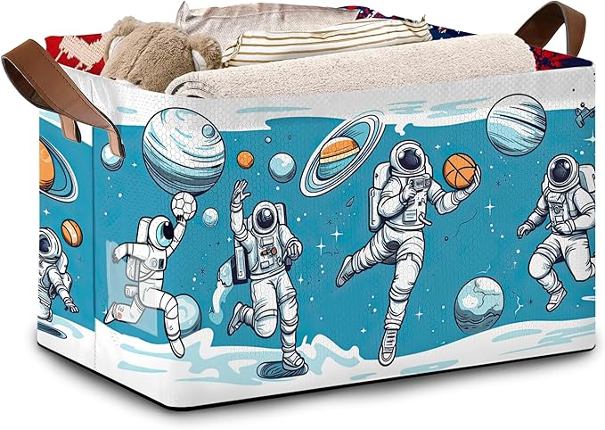 Astronaut Pattern Storage Basket Large 17x11.5x10.5 Inche-Collapsible Fabric Organizer Bin with Handles for Kids Room, Space Theme, Toys-Foldable Decorative Hamper with Rocket & Stars-Single Pack