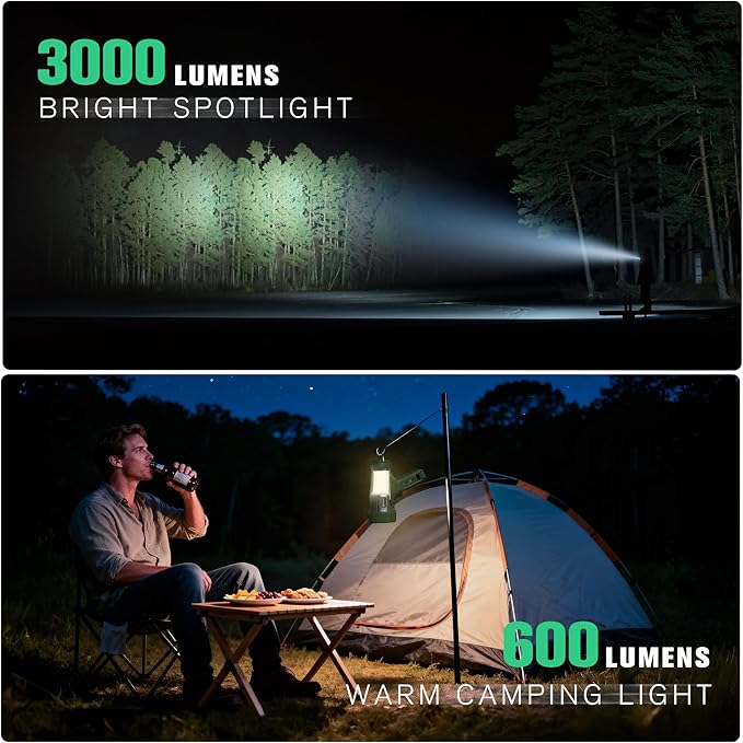 FORTO 3000 Lumens Handheld Spotlight, 1400 Ft Long Range LED Spot Light with 120H Runtime, IPX8 Waterproof Rechargeable Outdoor Flashlight for Camping, Hiking, Emergency, Searchlight (Green-Plus)