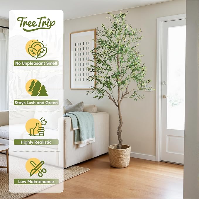 2 Pack Artificial Olive Tree 7FT, Tall Faux Olive Trees with White Pot for Indoor Outdoor, Realistic Potted Plant Natural Wood Trunk, Leaves and Fruits for Home Office Decor (2, 7FT)