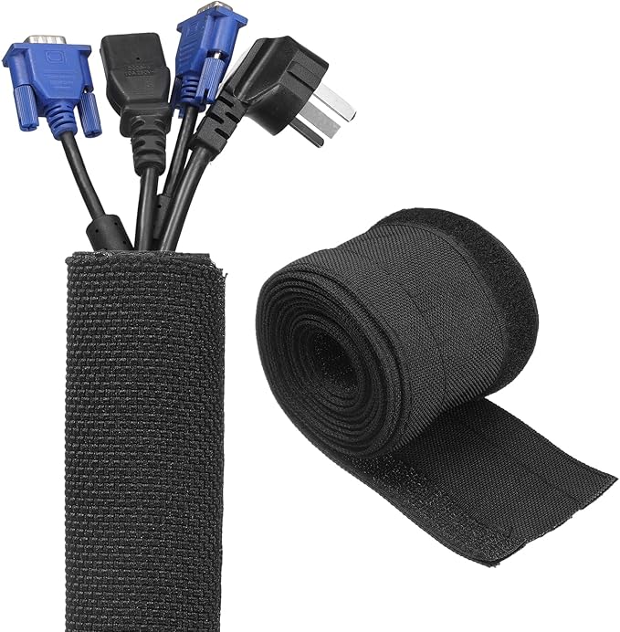 uxcell Hook and Loop Cable Management Sleeve, 6.6ft x 0.6 Inch Flexible Cable Wrap Cover Wire Hider, Cord Organizer and Cable Protectors for Desk TV Computer, Black