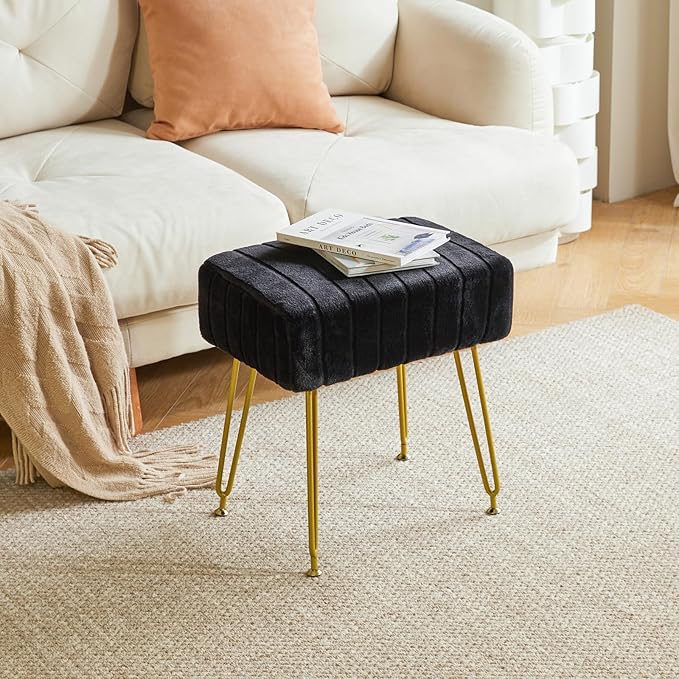 IBUYKE Velvet Rectangular Footrest Ottoman, Makeup Vanity Stool Side Table, Dressing Table Seat, Pouf Couch Stool, Golden Steel Legs, Black LG-51B