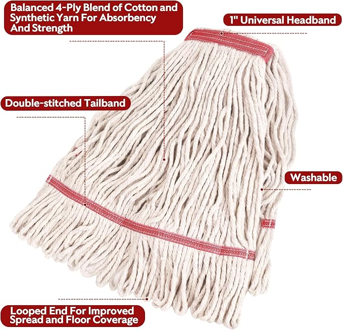 MATTHEW CLEANING Heavy Duty Mop Head Commercial Replacement for General and Floor Cleaning, Wet Industrial Blue Cotton Looped End String Head Refill (Case of 24) White