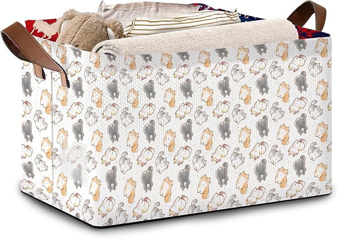 Cute Cat Storage Basket Large 17x11.5x10.5 Inche-Collapsible Fabric Organizer Bin with Handles for Kids Room, Nursery, Toys-Foldable Decorative Hamper with Adorable Cat Print-Single Pack