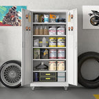 Metal Garage Storage Cabinet with Wheels and Pegboard,Rolling Tool Storage Cabinet with 5 Adjustable Shelves for Garage Warehouse Office Utility Room,Required Assembly,71" H×34" W×18" D,White