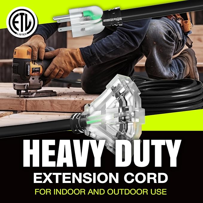 6ft Outdoor/Indoor Extension Cord 3-Outlet 12/3 Gauge Extra Heavy Duty ETL Listed, 3 Prong SJTW, Waterproof, Flexible Cold-Resistant Long Power Cord,15A 125V 1875W, Black by LifeSupplyUSA