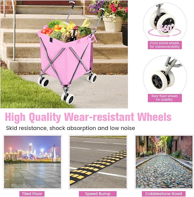 GOFLAME Folding Shopping Cart on Wheels, Waterproof Grocery Cart with Removable Cover and 360° Swiveling Wheels, Collapsible Utility Cart for Groceries and Laundry, 120LBS Load Capacity, Pink