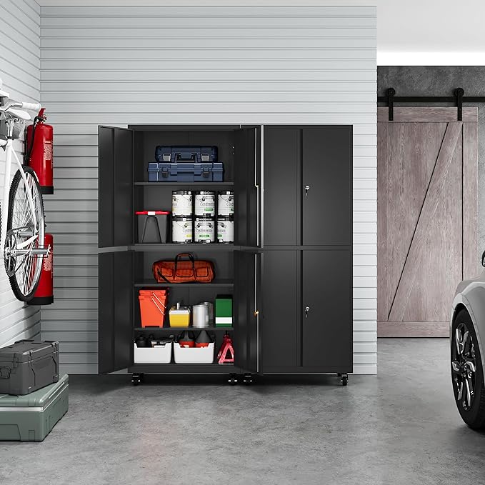 Metal Storage Cabinet-Heavy Duty Rolling Tool Cabinet Garage Storage Cabinets with Adjustable Shelves&Lockable Doors - Black