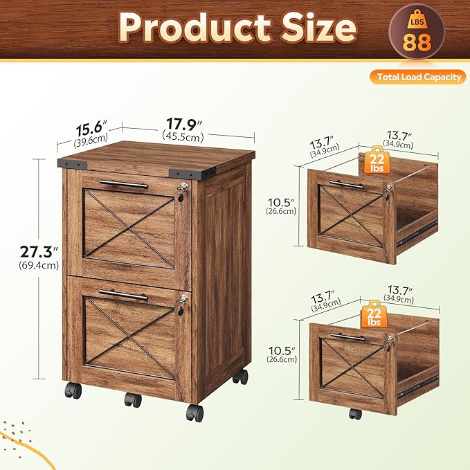 DEVAISE 2 Drawer File Cabinet with Hanging Files,Mobile Rolling Storage Cabinet for Home Office,Under Desk Filing Cabinet with Lock,Printer Stand,Oak