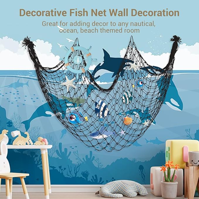 2 Pack Fish Net Decorations, 80x40 Inch Black Fishing Net Decor for Pirate Under The Sea Beach Theme Party, 3mm Thick Natural Cotton Versatile Nautical Netting for Wall Table Ceiling Halloween Decor