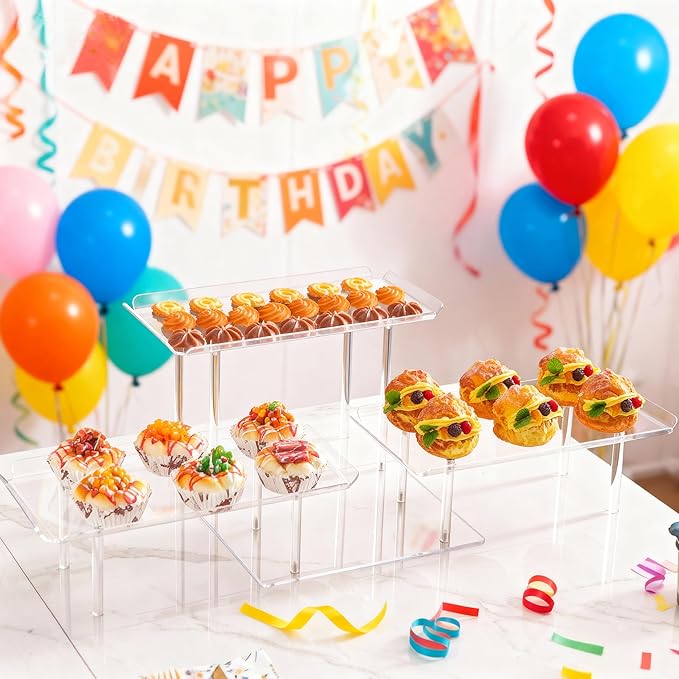Acrylic Dessert Table Display Set, Clear Cupcake Stand, 3 Tiered Serving Trays and Platters, Buffet Riser and Stand Appetizer Sandwiches Cookie Display Stand Finger Food Display Trays for Party Bases Para Postres
