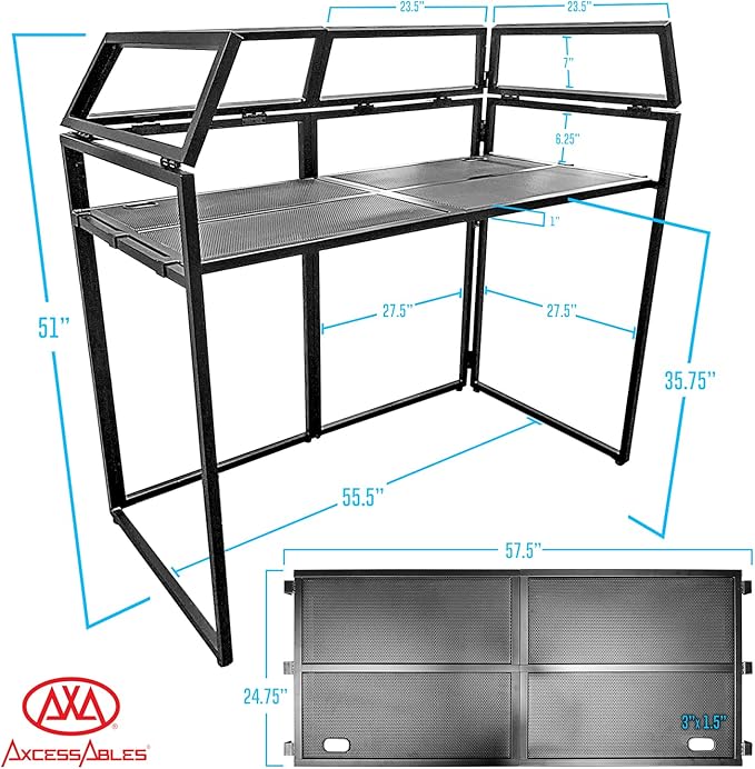 AxcessAbles DJ BOOTH XL 58" wide x 29" deep DJ Facade Table | Portable Extra Wide DJ Table Booth with Black and White Scrims, Carry Cases | Large DJ Controller Stand | Music Mixer Stand