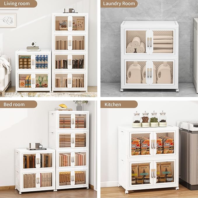 Large Clear Stackable Storage Bins with Lids, 199QT-99.5QT*2Tier Foldable Cabinet for Closet Organizers, Plastic Storage Box with Wheels White