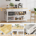 47.3" Solid Rubberwood Kitchen Island with Power Outlets - Extra Large Work Surface, 2 Drawers & Open Shelves Storage Cabinet for Kitchen Dining Room, Farmhouse Style (White)