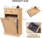 Tilt Out Laundry Hamper Cabinet, 10 Gallon Farmhouse Trash Can Cabinet with Drawer, Hidden Wood Garbage Can Bin Cabinets with Laundry Storage Basket for Bathroom, Kitchen, Natural