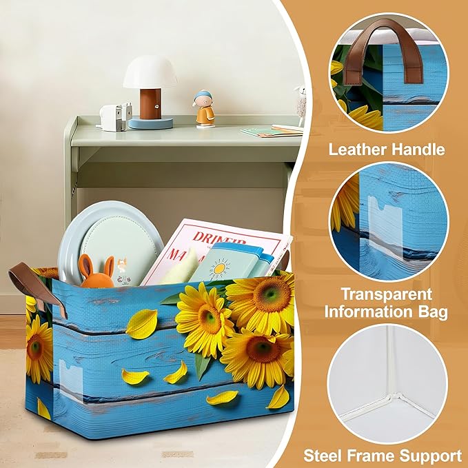Storage Bin with Handles, Sunset Sunflower Collapsible Laundry Baskets for Books, Laundry - Use in Nursery, Closet Organizers and Storage, Blanket Basket