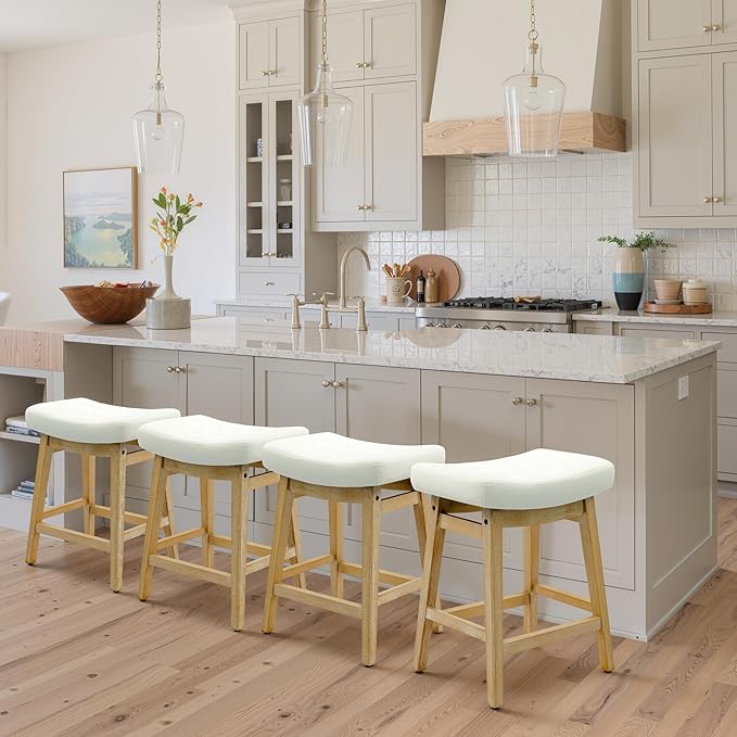 Counter Height Bar Stools Set of 4 for Kitchen Counter Backless Farmhouse Kitchen Island Barstools with Upholstered Faux Leather Saddle Seat and Solid Wood Legs Modern 24 inch Bar Chairs, White
