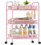 Metal Rolling Utility Cart, 3-Tier Mesh Wire Storage Trolley with Easy Assembly, Organizer Craft Cart 3 Hooks, Mobile Shelving Unit for Kitchen, Bathroom, Laundry Room, and Home