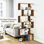 Tangkula 6 Tier S Shaped Bookshelf, 31.5''L x 9''W x 75''H, Wooden Bookcase and Bookshelves w/Anti-Toppling Device, Room Divider Display Shelves for Living Room, Home Decor, 6 Shelf Bookshelf