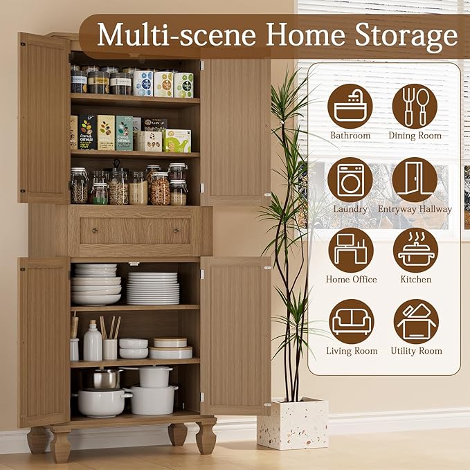 72 inch Kitchen Pantry Storage Cabinet, Freestanding Pantry Cabinet, Tall Cabinets with Doors and Shelves,Freestanding Cupboard with Adjustable Shelves for Dining Room，Natural