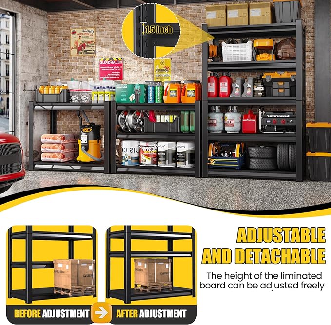 5-Tier Garage Shelving Heavy Duty, Adjustable Metal Shelving Unit, 2500LBS Garage Storage Shelves, Easy Assembly Steel Shelving, Utility Storage Rack Shelf for Warehouse, 72”H*35.4”W*12”D