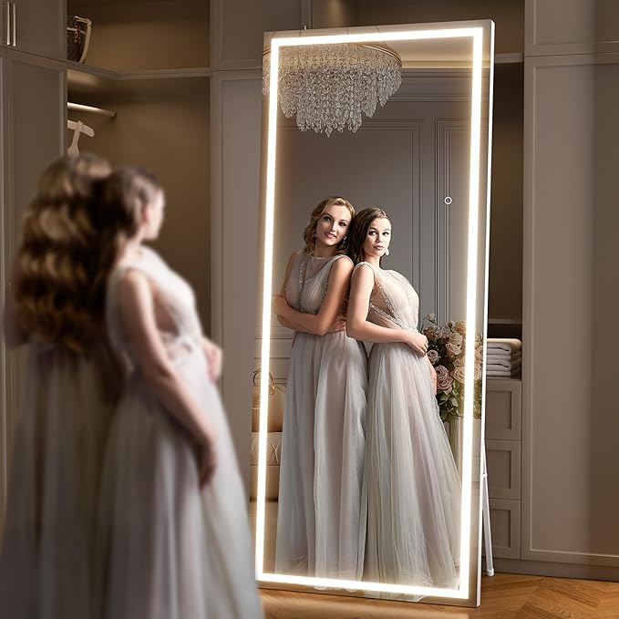 Full Length Mirror with Lights, 95" x 40" Large LED Lighted Floor Standing Body Mirror, Dimmable & 3 Color Lighting for Home Gym, Cloakroom, Living Room, Tempered Glass, Square White