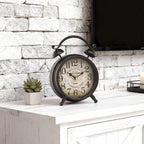 Vintage Dark Brown Desk Clock, Decorative Table Clock with Bell Top, Silent Non-Ticking Mantel Clock for Living Room or Bedroom, Wood Dial, Battery Operated