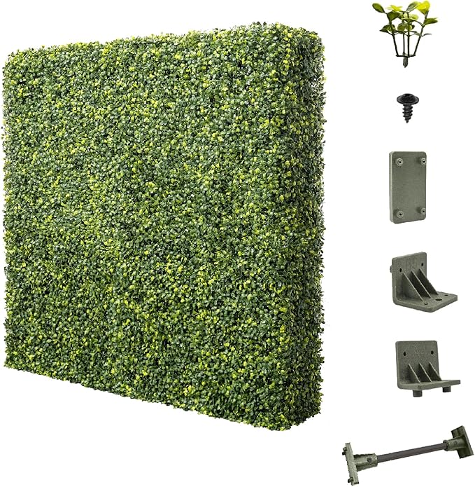E&K 18" Wx18 Hx12 D Artificial Boxwood Hedge Wall, Artificial Outdoor Privacy Wall for Balcony Backyard Office, Indoor Divider Freestanding Greenery Backdrop