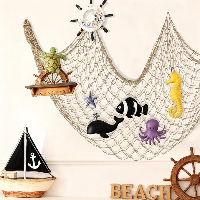 Decorative Fishing Net 80x40 Inch, Patioland Large Caramel Picture Fish Net, Wall Photo Hanging Fishnet for Nautical Mermaid Pirate Ocean Themed Hawaii Beach Under The Sea Party Decorations (1 Pack)