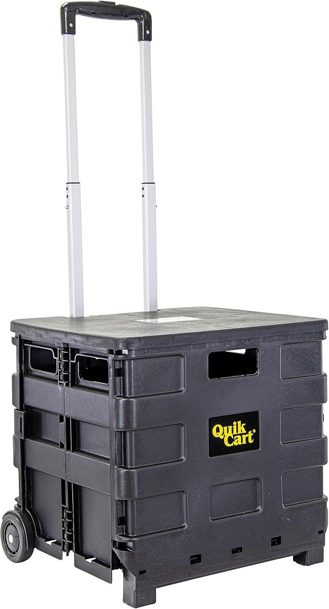 dbest Products Quik Cart Sport Collapsible Rolling Crate on Wheels for Teachers Tote Basket 80 lbs Capacity, Made from Heavy Duty Plastic Used as a Seat, Black, Compact