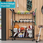 Large Garage Sports Equipment Organizer with Wheels, 3-Tier Ball Storage Rack for Basketballs, Soccer Balls & Sports Gear, Outdoor Sports Organizer with Bat Holder & Hooks, Toy Storage Bin