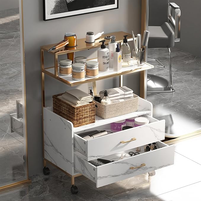 Salon Rolling Trolley with Lockable Wheels Barber Cart with Storage Drawer Mobile Hair Station Cabinet for Beauty Makeup Esthetician Spa Massage (White Marble-one Shelf-Two-Drawers)