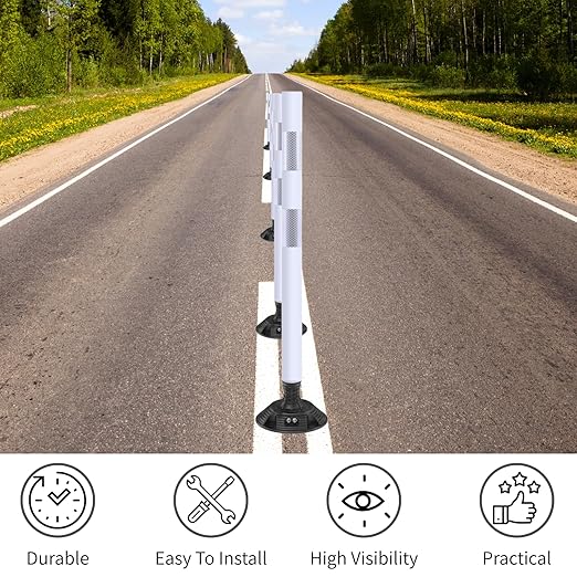 8 Pack Traffic Delineator Posts – High Visibility Reflective Safety Cones with Spring Base for Roadway, Parking, Garage, Construction Zones (White, 36 Inch)