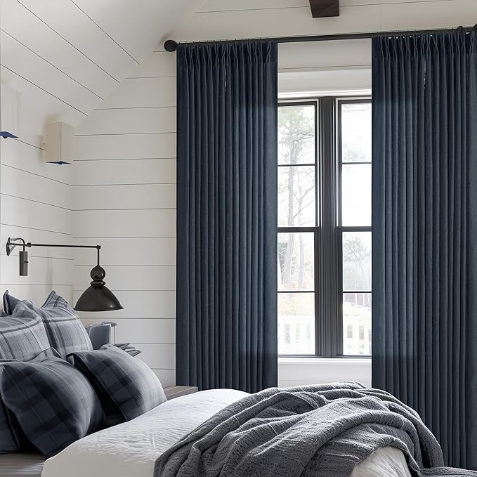 Extra Long Navy Linen Curtains 120 Inches Long Dark Blue Indigo Farmhouse Modern Curtain Light Filtering Semi Sheer Back Tab Pinch Pleat Curtain for Tall Ceiling Living Room Bedroom 2 Panels